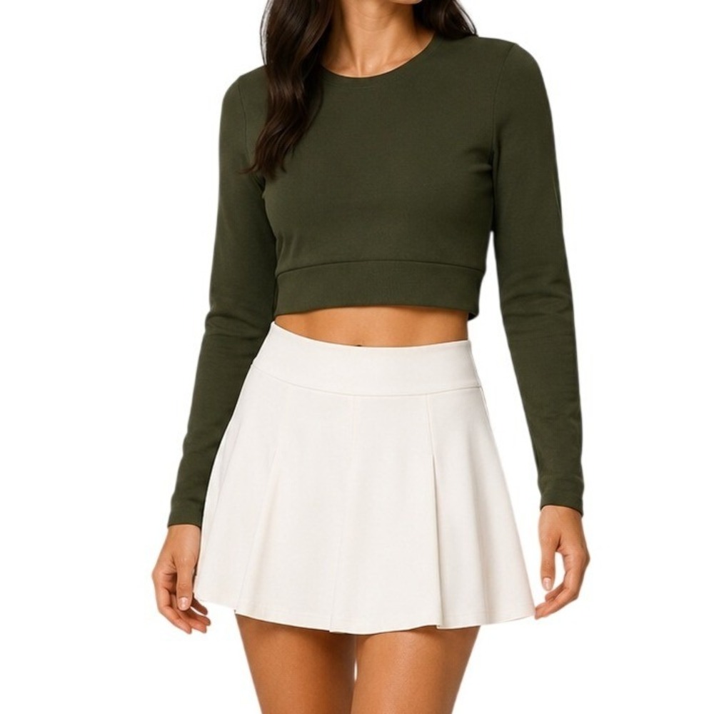 OFFLINE by Aerie Crop Top Womens S/P Olive Green Long Sleeve Seamless Ribbed Hem